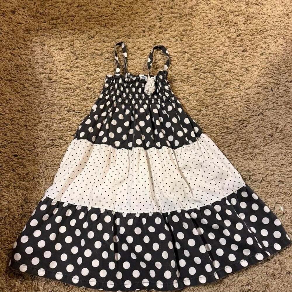 Park Bench Kids Polka Dot Sundress Size 4T Black White Tiered Smocked